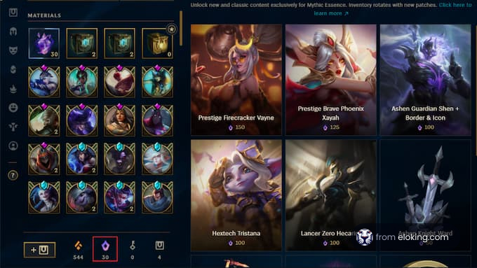 Screenshot of a game's character skin store featuring various champions
