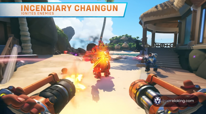 Player using an incendiary chaingun in a video game battle