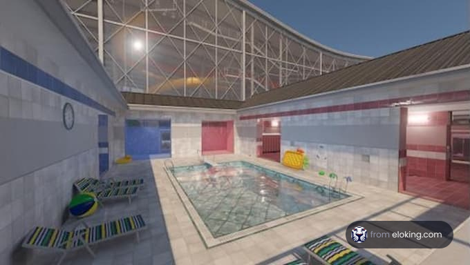 A modern indoor swimming pool with colorful walls and lounge chairs.