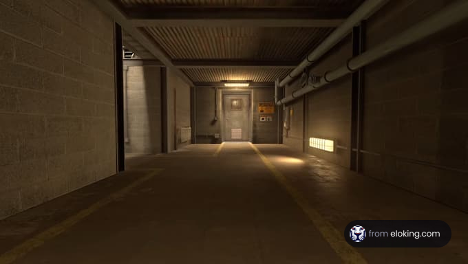A view of an industrial hallway with concrete walls and dim lighting.