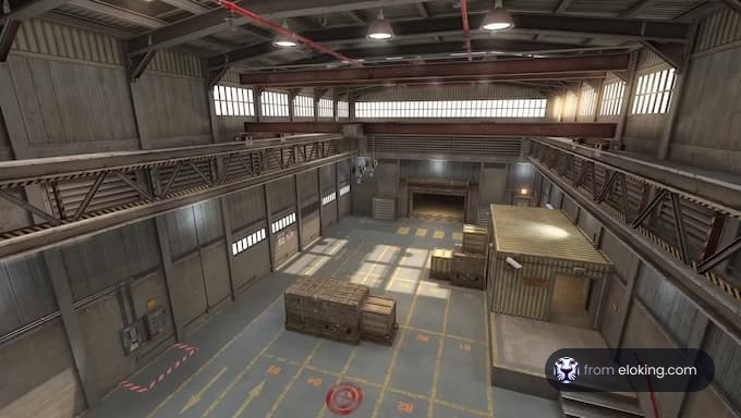 An interior view of an industrial warehouse with crates and equipment.