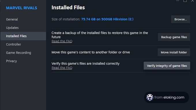 Installed Files settings for Marvel Rivals game