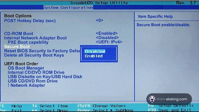 InsydeH20 setup utility showing secure boot enabled and disabled options.