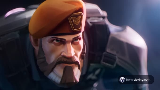 Intense portrait of a bearded soldier in futuristic armor