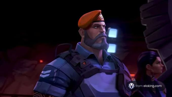 A serious character portrait from an action-packed video game.