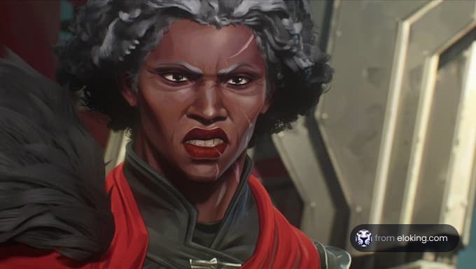 Intense female warrior with gray hair and red clothing, looking determined