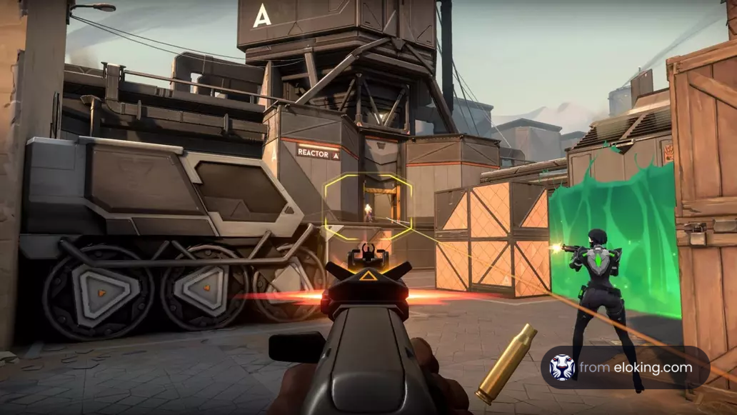 First-person view in a tactical shooter game, player aiming at an enemy