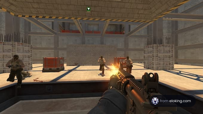 Intense game action with shooting characters in an indoor setting