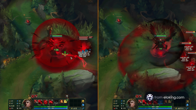 Intense game action in MOBA with red area effect attack