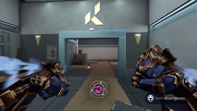 Player's perspective in a high-tech gaming environment showing armored gloves and a futuristic corridor