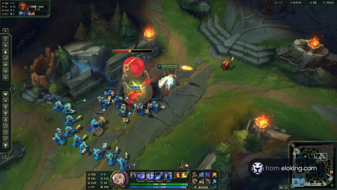 Intense gaming scene from a popular MOBA game, showing characters attacking a turret with a display of health bars and game stats