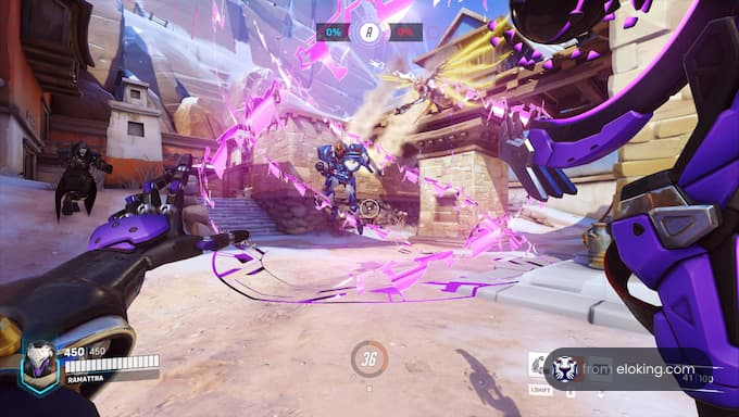 Intense gaming action with characters battling in Overwatch