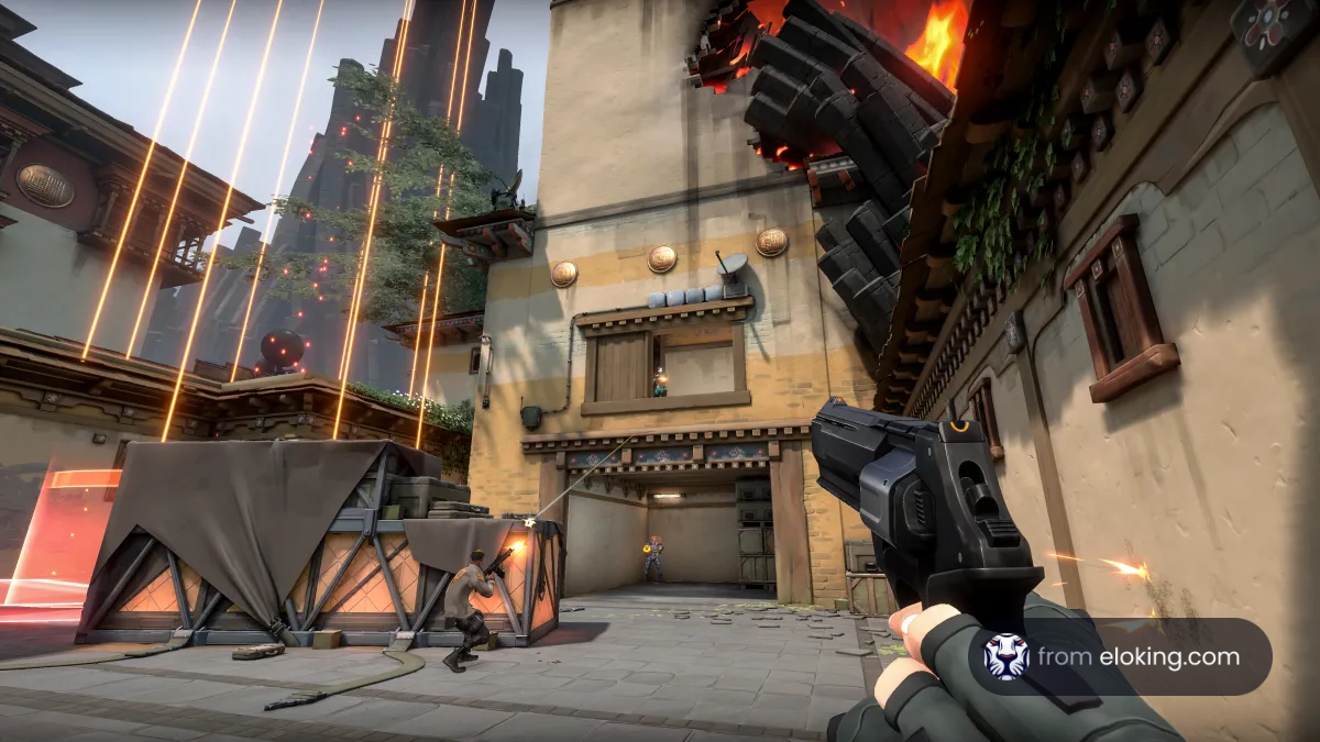 First-person view in a video game showing a player shooting with a handgun in an urban environment with sci-fi elements