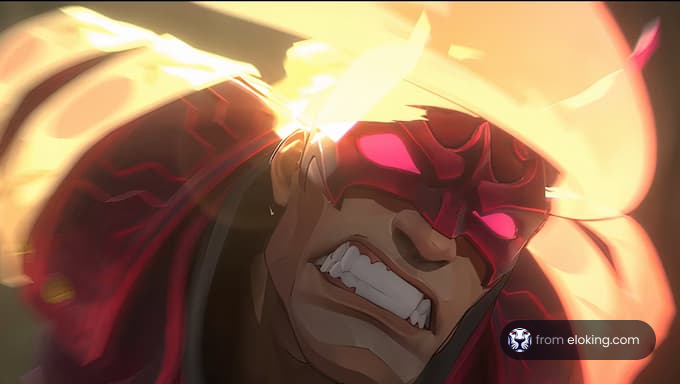 An intense hero action scene with dramatic lighting and expression.