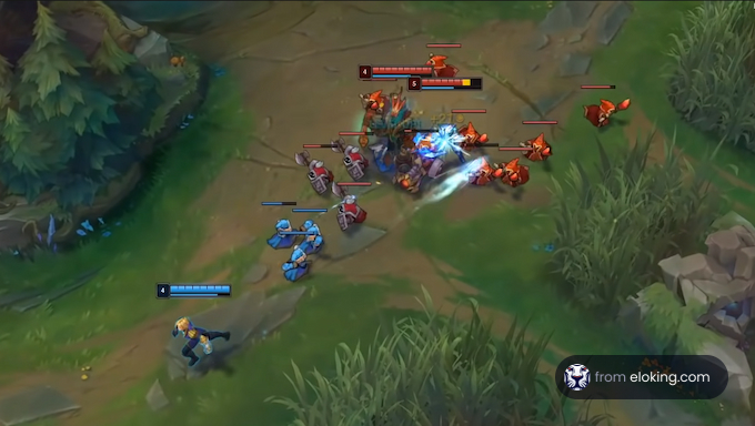 A strategic MOBA game battle scene with players engaging in a team fight