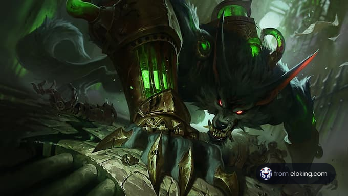 An intense monster illustration with green lights.