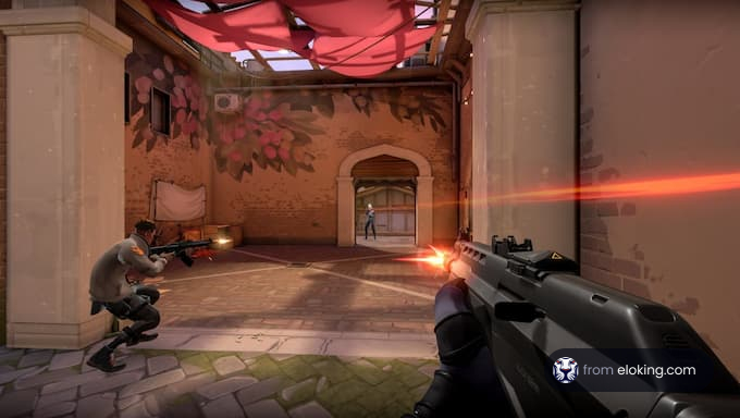 An intense shooter battle scene with players in action
