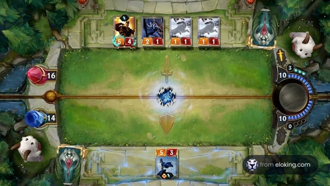 Detailed view of a strategy card game interface with various cards and health meters visible