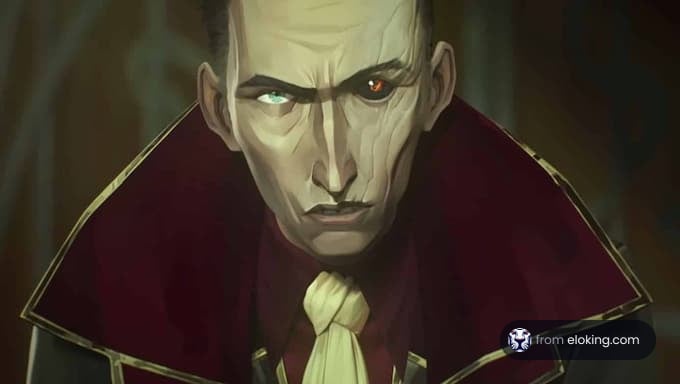 Artistic depiction of a vampire with glowing eyes and a menacing expression