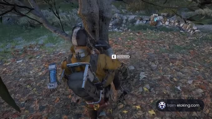 Un personnage interagissant avec un arbre dans un environnement de jeu.