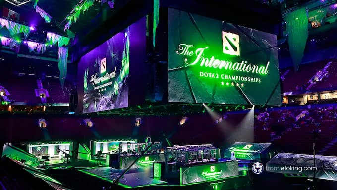 The International Dota 2 Championships arena illuminated in green