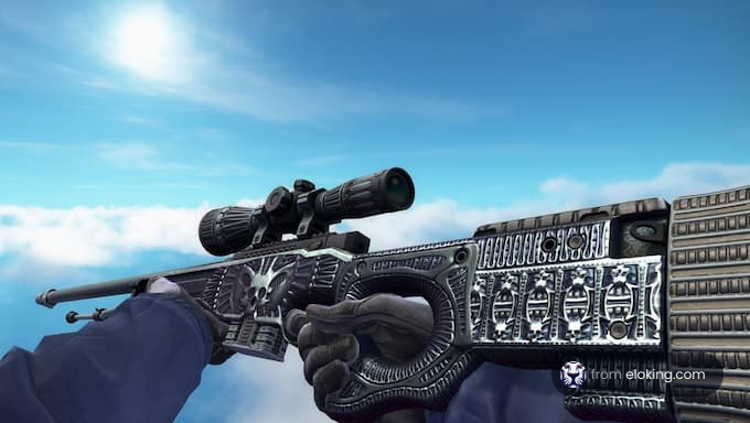 Close-up of an ornately engraved silver sniper rifle against a clear blue sky