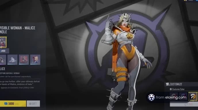 A character design of Invisible Woman showcasing the Malice skin in a video game.