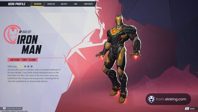 Iron Man duelist hero profile showcasing Anthony 'Tony' Stark in a unique armored suit.