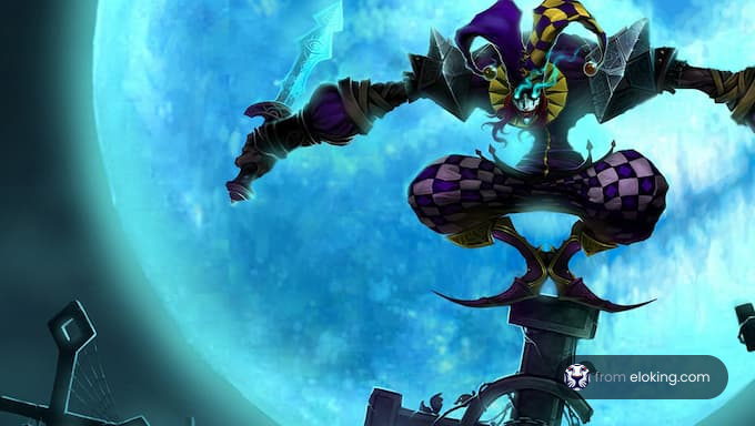 A jester performing under the moonlight with a mystical background.