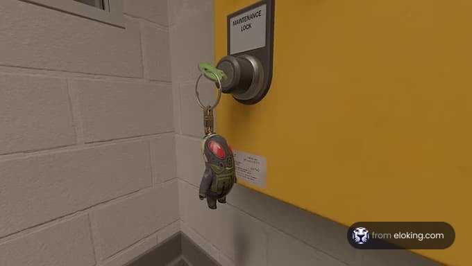 Keychain with a miniature figure hanging on a maintenance door lock