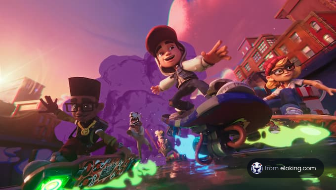 Bambini che si divertono a pattinare in una scena animata vibrante.