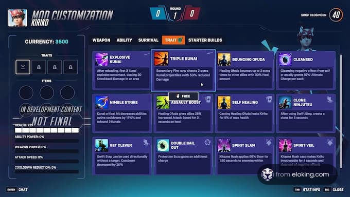 Detailed traits for Kiriko in the mod customization screen of an Overwatch game.