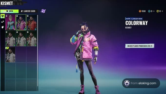 Character showcasing the Kismet Colorway lancer skin in a vibrant setting.