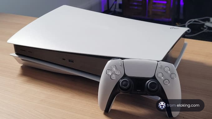 Modern gaming console and controller on a desk