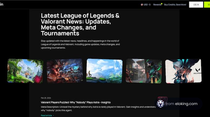 Homepage of a gaming news website featuring latest updates on League of Legends and Valorant