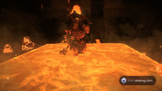 A fierce lava monster emerges from molten lava.