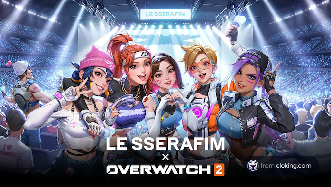 LE SSERAFIM and Overwatch 2 characters on stage in concert illustration