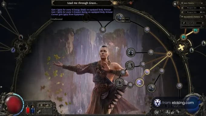 An illustration of a character in a fantasy game, surrounded by magical elements.