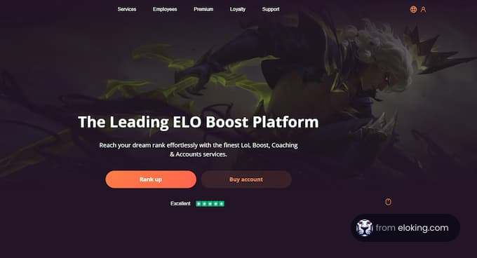 Website home page for a leading ELO boost platform featuring visual of a champion and navigation options