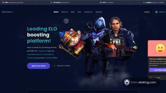 Promotional image for a leading ELO boosting platform showing diverse game characters