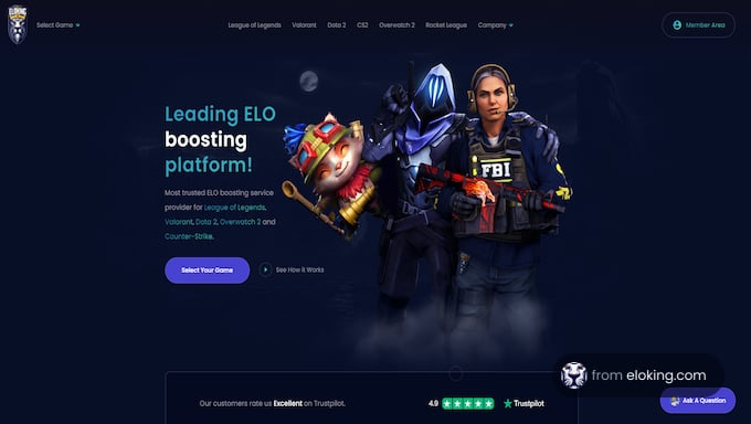 Mājas lapa banneris novadošā ELO boosting platformā ar animētiem tēliem no populārām spēlēm