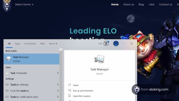 Screenshot of a gaming service website offering ELO boosting with task manager window open