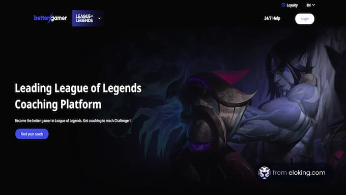 Homepage of a League of Legends coaching platform featuring dark, mystical artwork of a champion