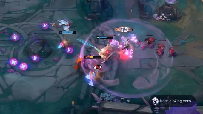 An intense battle scene in League of Legends with champions using abilities.