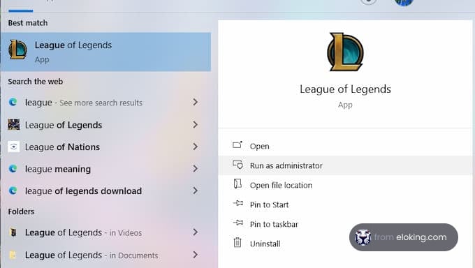 League of Legends app in Windows search