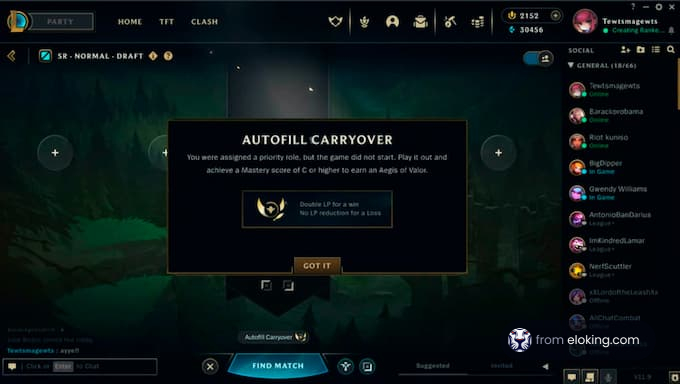 League of Legends Autofill Carryover Screen