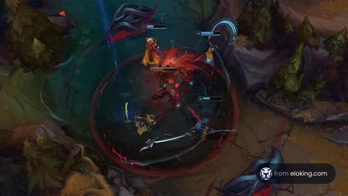 A battle scene from League of Legends featuring two champions in an arena.