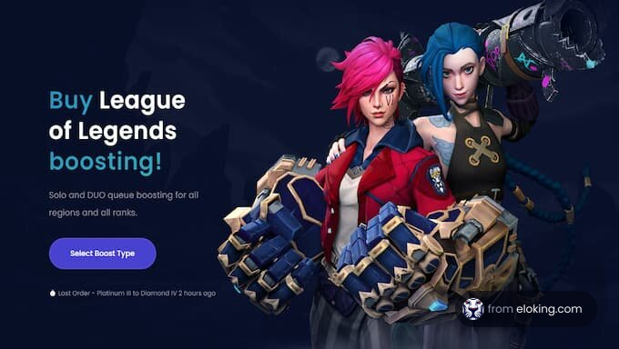 Advertisement for League of Legends boosting service featuring two characters