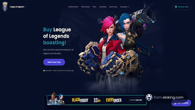 League of Legends boosting service advertisement featuring two characters