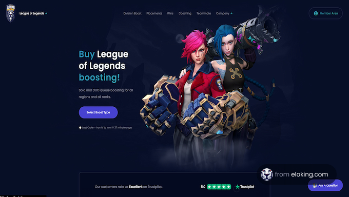 Promotional image for League of Legends boosting services featuring two champion characters